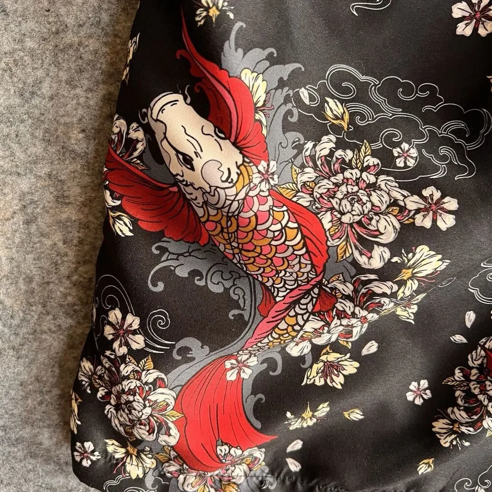 Absent Swim Shorts Mens Large Black Lined Japanese Koi Peonies Drawstring Pocket